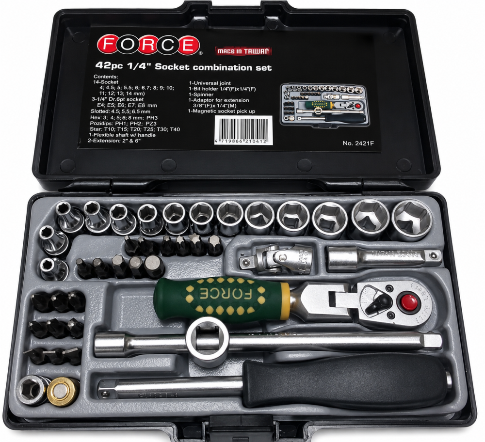 FORCE 2421F Taiwan 42pc 1/4" Dr Socket & Bit Set 72T Flexible Ratchet Slid Bar