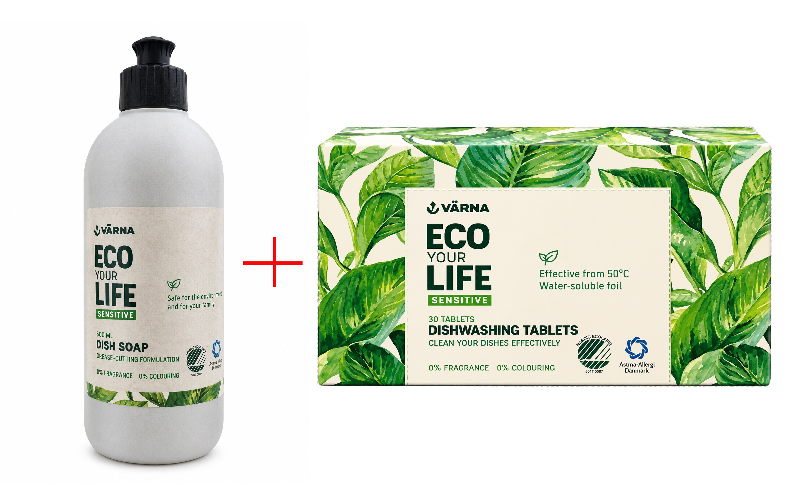 VÄRNA Eco Your Life Sensitive Dish Soap 500mL Bottle +  Dishwasher 30 Tablets