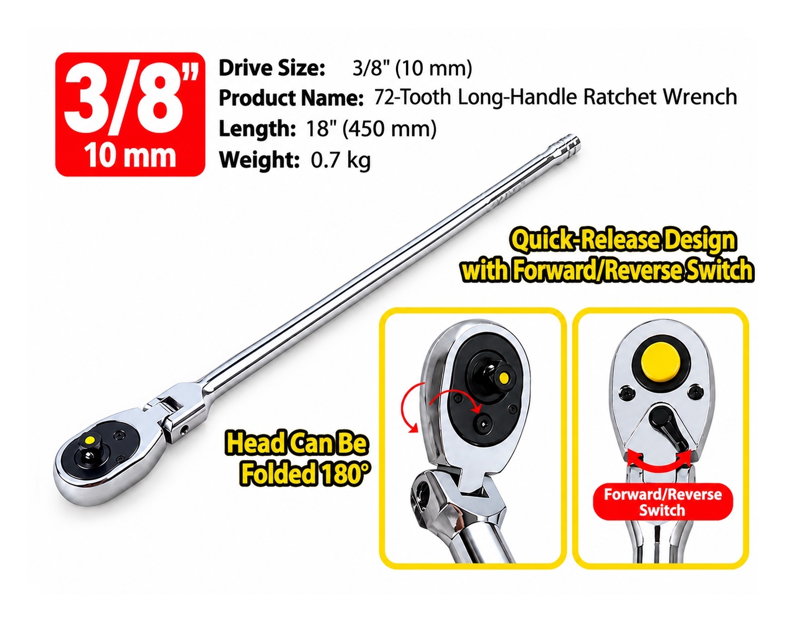 72T Extra Long Length Flexible Reversible Quick Release Socket Ratchet Handle Wrench