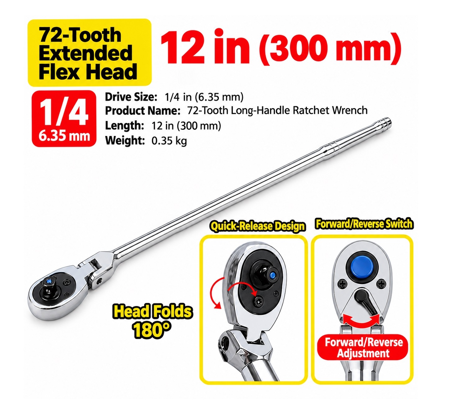 72T Extra Long Length Flexible Reversible Quick Release Socket Ratchet Handle Wrench