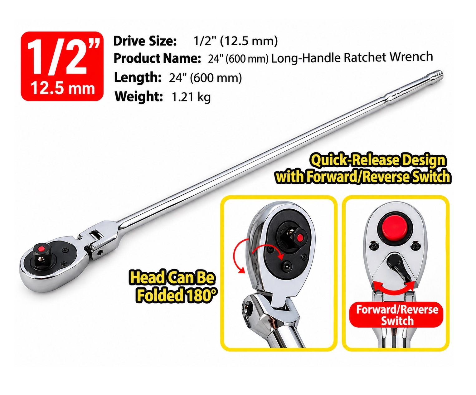 72T Extra Long Length Flexible Reversible Quick Release Socket Ratchet Handle Wrench