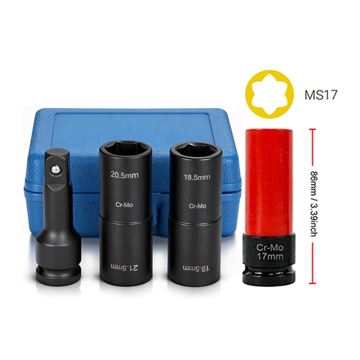 4pc Cr-Mo 1/2" Dr. Dual-End Impact Wheel Nut Socket Set with 17mm Flower Socket