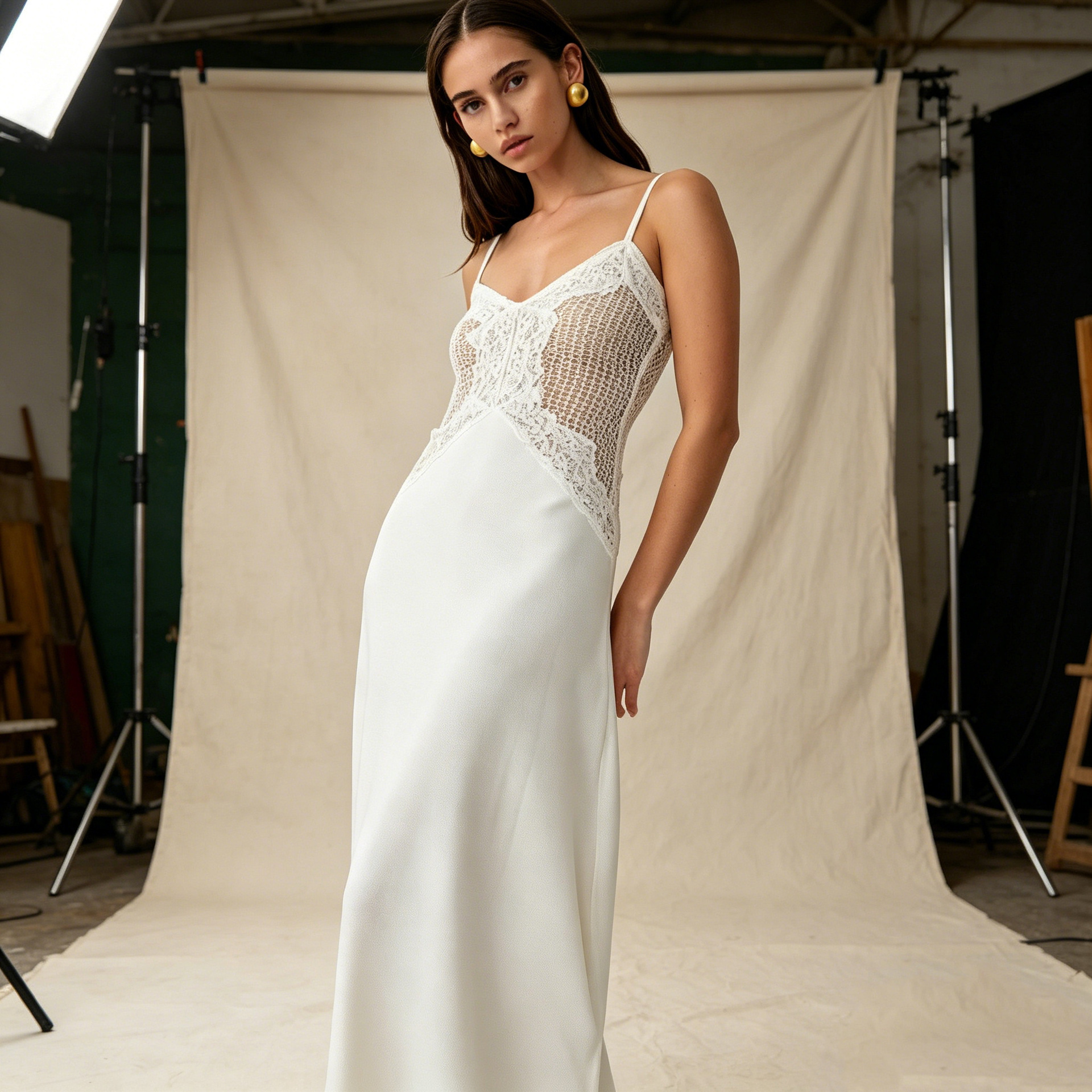 Stylish and sexy lace-and-satin patchwork slip dress featuring a form-fitting silhouette and open-back design., Cailan (Chongqing) International Trading Co., Ltd,Stylish and sexy lace-and-satin patchwork slip dress featuring a form-fitting silhouette and open-back design.