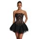 Western-style strapless, boned bodice gown set featuring a lace-up design and a tulle mini skirt.