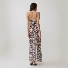 Women's Sexy Vacation-Style Camisole Dress with Zebra Print, Lace Paneling, and Slit Detail, Cailan (Chongqing) International Trading Co., Ltd,Women's Sexy Vacation-Style Camisole Dress with Zebra Print, Lace Paneling, and Slit Detail