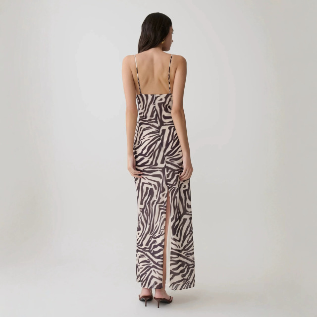 Women's Sexy Vacation-Style Camisole Dress with Zebra Print, Lace Paneling, and Slit Detail, Cailan (Chongqing) International Trading Co., Ltd,Women's Sexy Vacation-Style Camisole Dress with Zebra Print, Lace Paneling, and Slit Detail