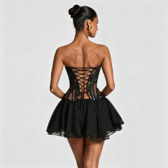 Western-style strapless, boned bodice gown set featuring a lace-up design and a tulle mini skirt., Cailan (Chongqing) International Trading Co., Ltd,Western-style strapless, boned bodice gown set featuring a lace-up design and a tulle mini skirt.