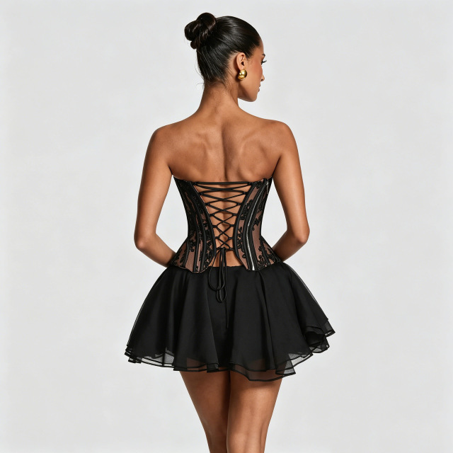 Western-style strapless, boned bodice gown set featuring a lace-up design and a tulle mini skirt., Cailan (Chongqing) International Trading Co., Ltd,Western-style strapless, boned bodice gown set featuring a lace-up design and a tulle mini skirt.
