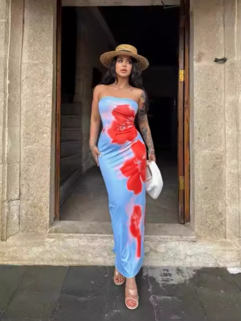 Sexy, form-fitting, printed, strapless, high-slit, hip-hugging maxi dress., Cailan (Chongqing) International Trading Co., Ltd,Sexy, form-fitting, printed, strapless, high-slit, hip-hugging maxi dress.