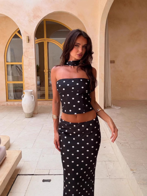 Chic Polka-Dot Print Two-Piece Set: Strapless Crop Top and Skirt, Cailan (Chongqing) International Trading Co., Ltd,Chic Polka-Dot Print Two-Piece Set: Strapless Crop Top and Skirt