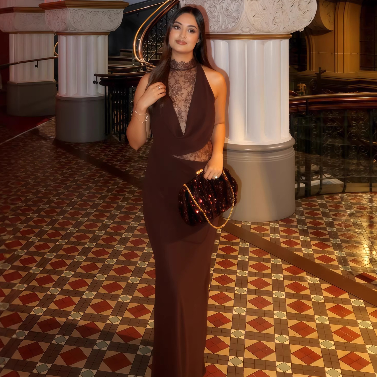 Sexy Western-style halter-neck lace-panel bodycon dress—a sultry evening piece., Cailan (Chongqing) International Trading Co., Ltd,Sexy Western-style halter-neck lace-panel bodycon dress—a sultry evening piece.
