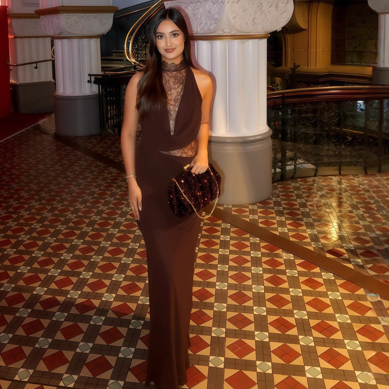 Sexy Western-style halter-neck lace-panel bodycon dress—a sultry evening piece., Cailan (Chongqing) International Trading Co., Ltd,Sexy Western-style halter-neck lace-panel bodycon dress—a sultry evening piece.