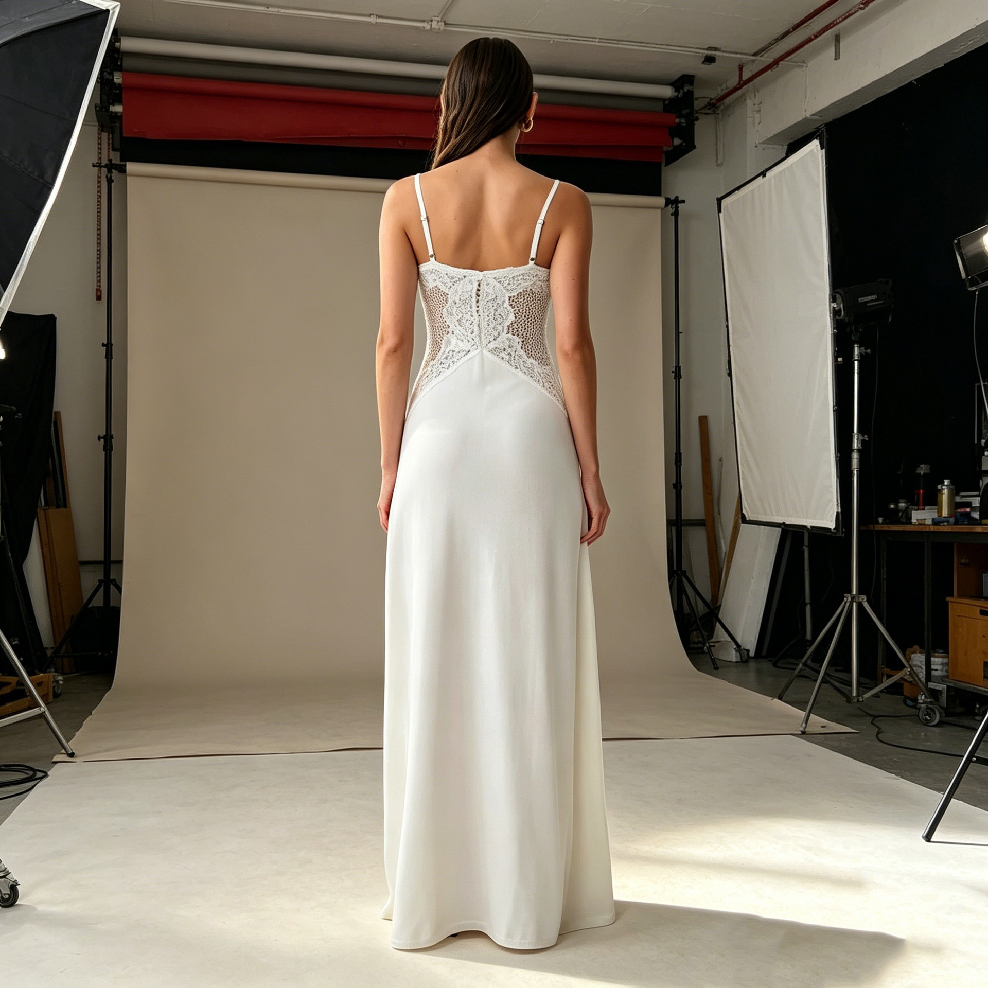 Stylish and sexy lace-and-satin patchwork slip dress featuring a form-fitting silhouette and open-back design., Cailan (Chongqing) International Trading Co., Ltd,Stylish and sexy lace-and-satin patchwork slip dress featuring a form-fitting silhouette and open-back design.