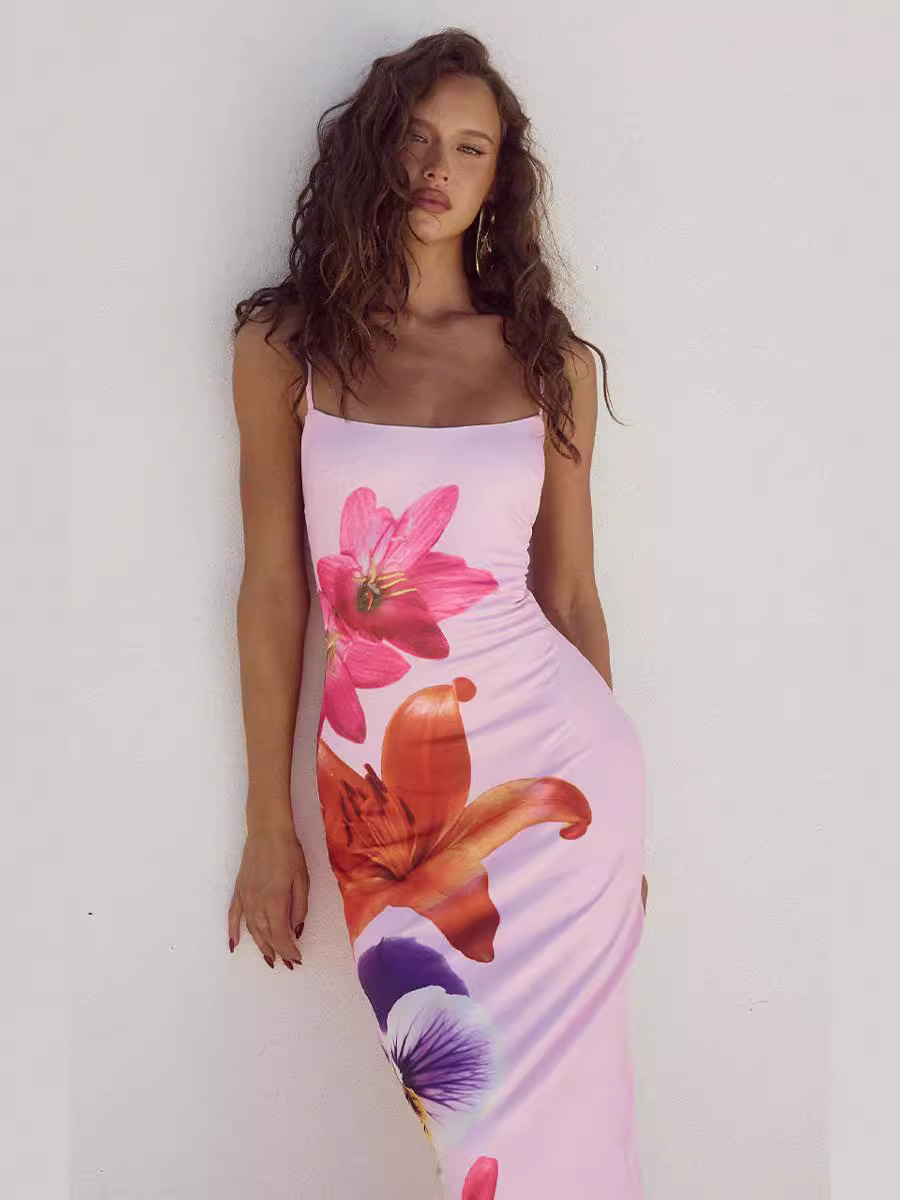 Sexy floral-print slim-fit maxi dress with spaghetti straps, Cailan (Chongqing) International Trading Co., Ltd,Sexy floral-print slim-fit maxi dress with spaghetti straps