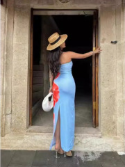 Sexy, form-fitting, printed, strapless, high-slit, hip-hugging maxi dress., Cailan (Chongqing) International Trading Co., Ltd,Sexy, form-fitting, printed, strapless, high-slit, hip-hugging maxi dress.
