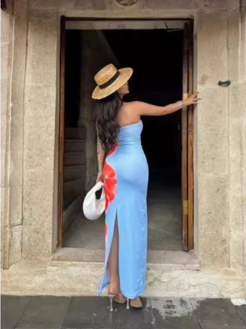 Sexy, form-fitting, printed, strapless, high-slit, hip-hugging maxi dress., Cailan (Chongqing) International Trading Co., Ltd,Sexy, form-fitting, printed, strapless, high-slit, hip-hugging maxi dress.