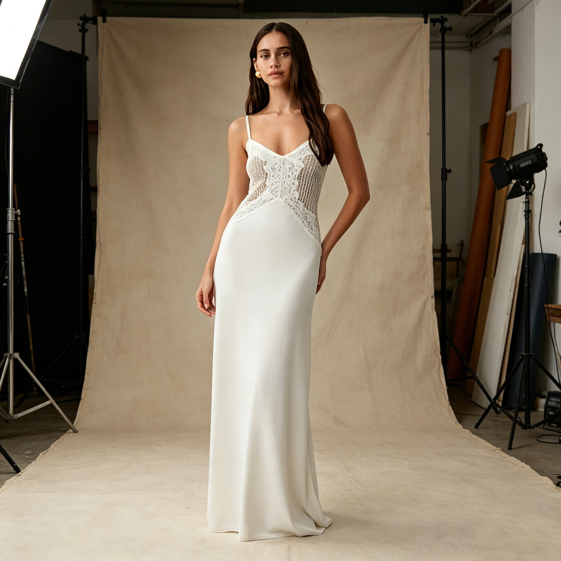 Stylish and sexy lace-and-satin patchwork slip dress featuring a form-fitting silhouette and open-back design., Cailan (Chongqing) International Trading Co., Ltd,Stylish and sexy lace-and-satin patchwork slip dress featuring a form-fitting silhouette and open-back design.