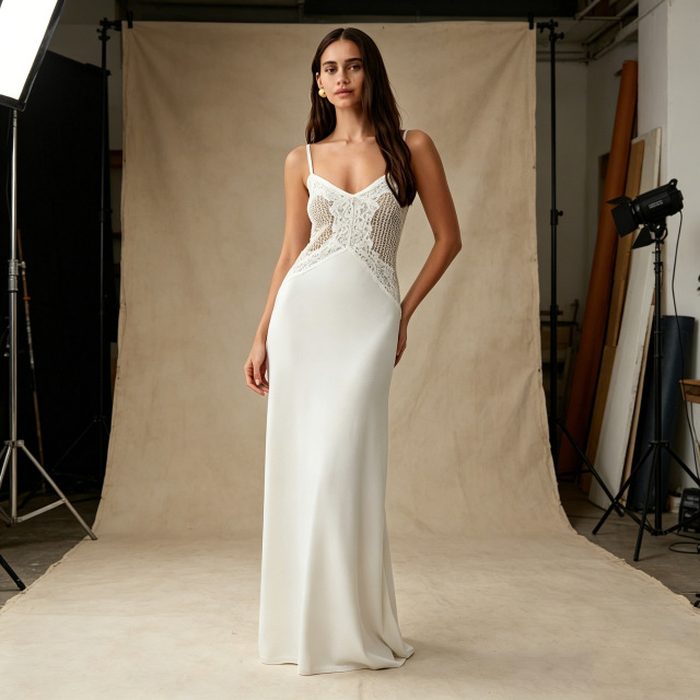 Stylish and sexy lace-and-satin patchwork slip dress featuring a form-fitting silhouette and open-back design., Cailan (Chongqing) International Trading Co., Ltd,Stylish and sexy lace-and-satin patchwork slip dress featuring a form-fitting silhouette and open-back design.