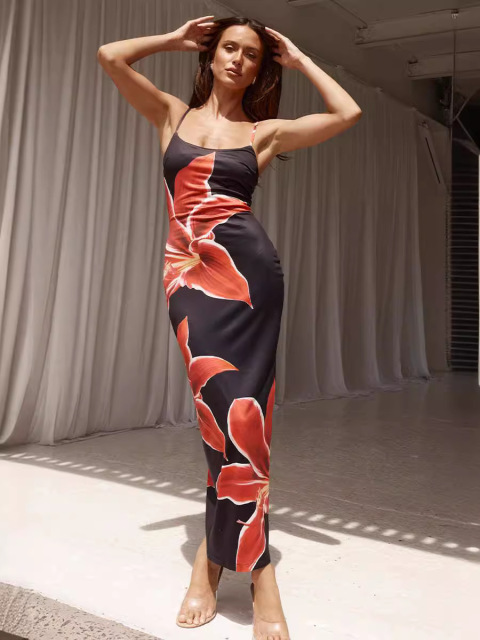 Sexy floral-print slim-fit maxi dress with spaghetti straps, Cailan (Chongqing) International Trading Co., Ltd,Sexy floral-print slim-fit maxi dress with spaghetti straps