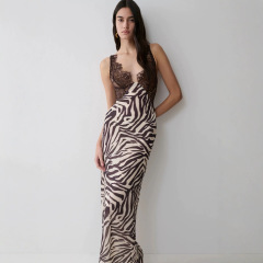 Women's Sexy Vacation-Style Camisole Dress with Zebra Print, Lace Paneling, and Slit Detail, Cailan (Chongqing) International Trading Co., Ltd,Women's Sexy Vacation-Style Camisole Dress with Zebra Print, Lace Paneling, and Slit Detail