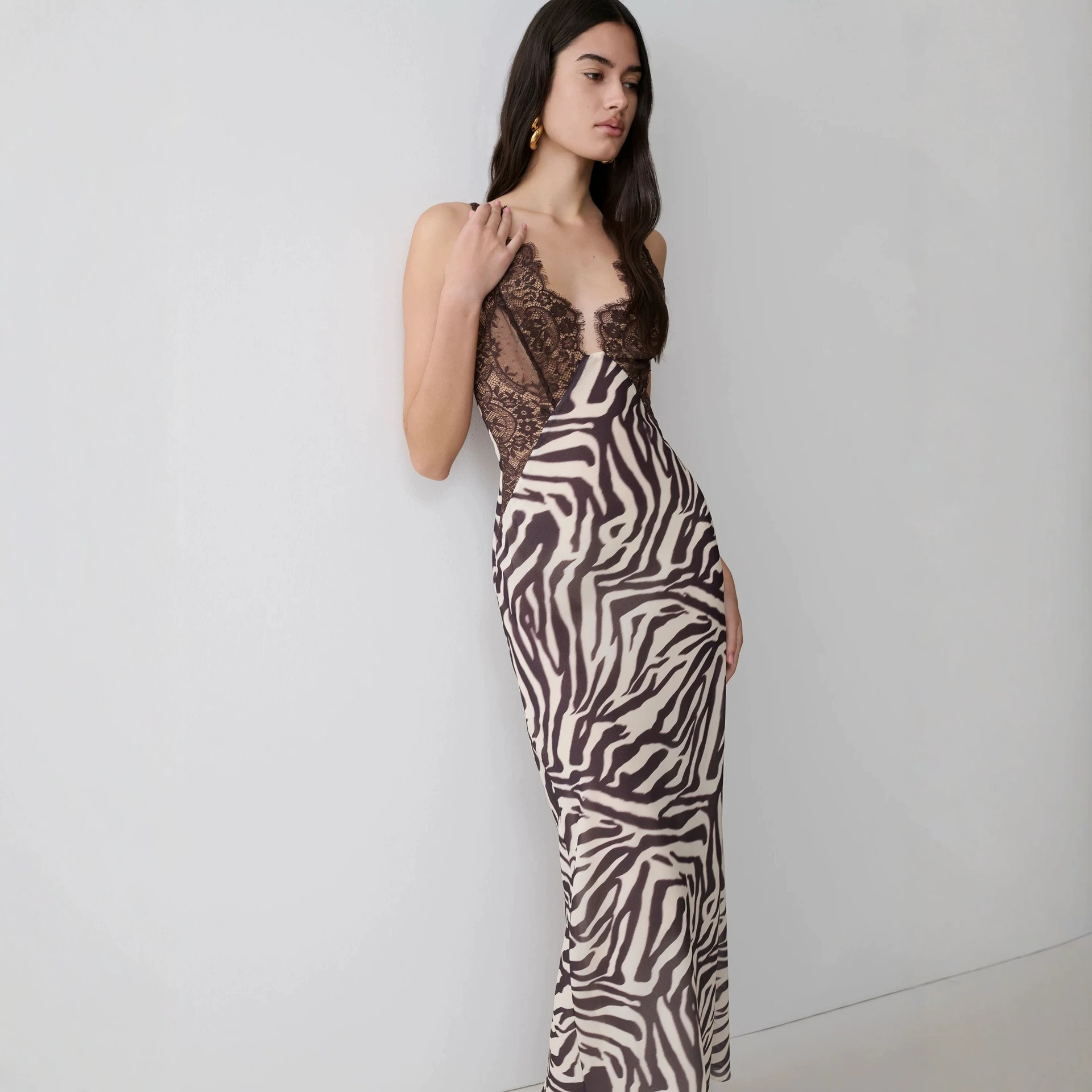 Women's Sexy Vacation-Style Camisole Dress with Zebra Print, Lace Paneling, and Slit Detail, Cailan (Chongqing) International Trading Co., Ltd,Women's Sexy Vacation-Style Camisole Dress with Zebra Print, Lace Paneling, and Slit Detail