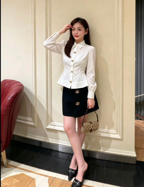 Elegant blouse decorated with iconic interlocking GG gold buttons., Cailan (Chongqing) International Trading Co., Ltd,Elegant blouse decorated with iconic interlocking GG gold buttons.