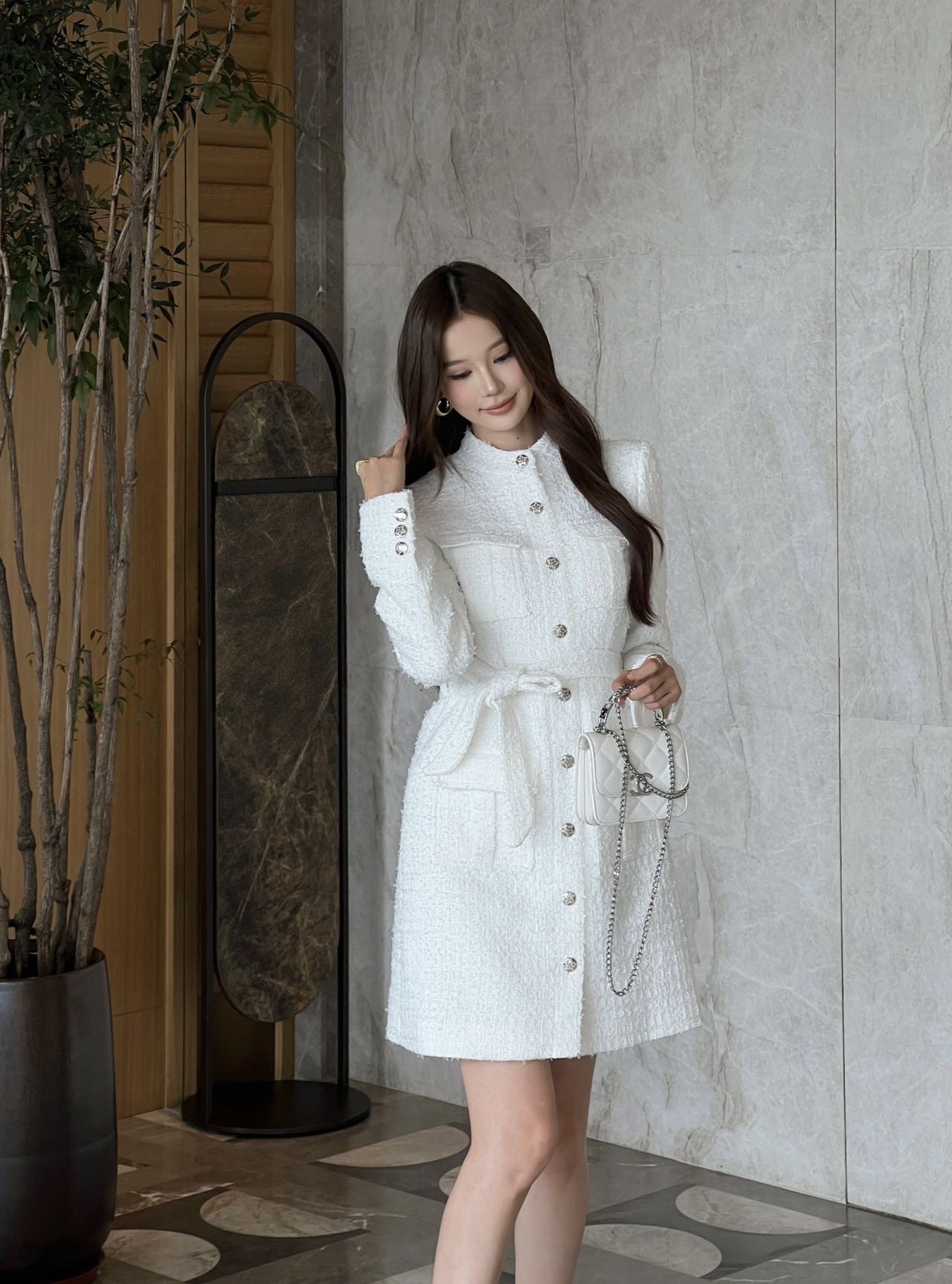 Stand‑collar tweed belt dress, Cailan (Chongqing) International Trading Co., Ltd,Stand‑collar tweed belt dress