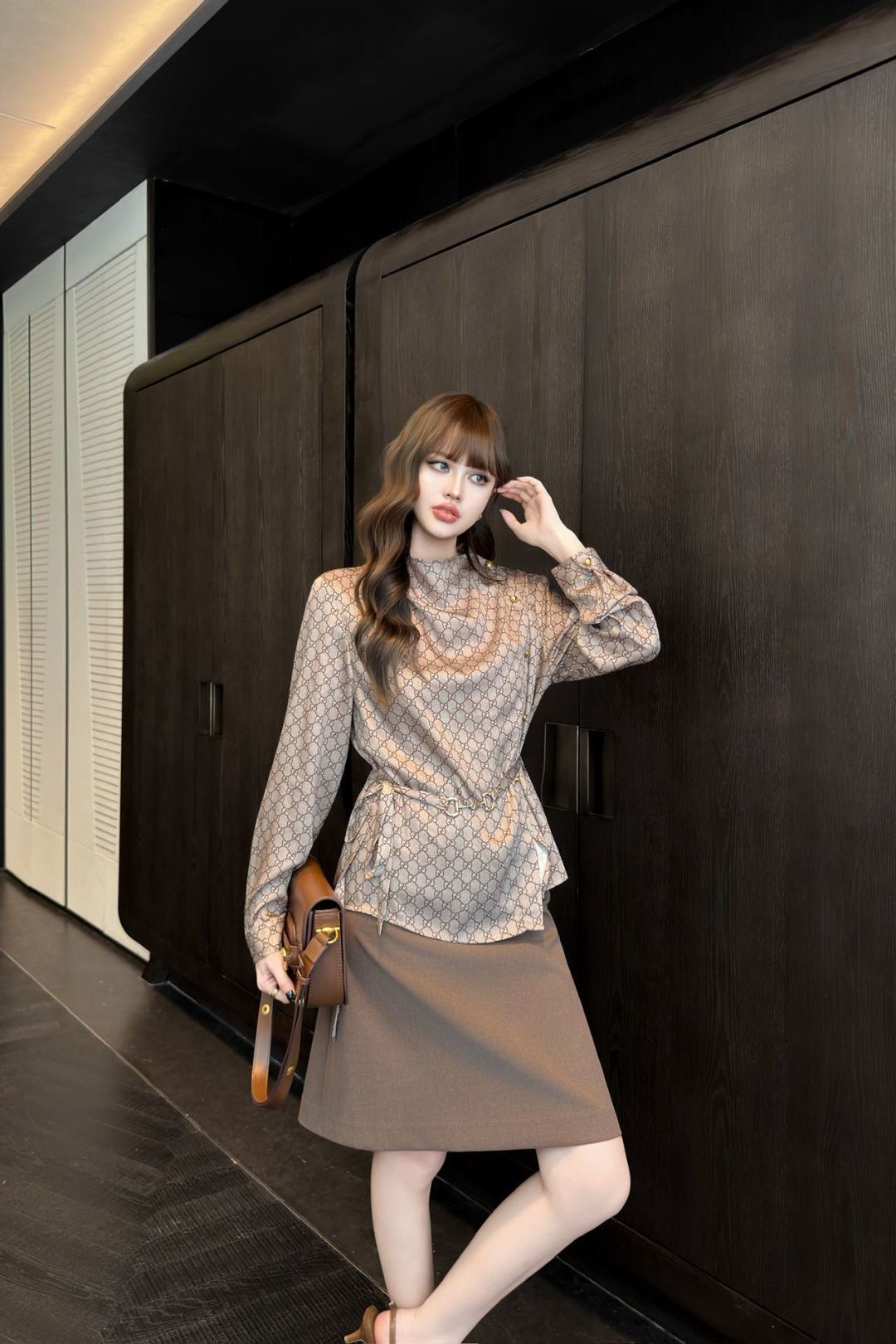 Vintage print belt long‑sleeve top, Cailan (Chongqing) International Trading Co., Ltd,Vintage print belt long‑sleeve top