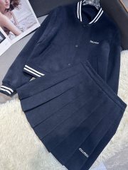 Cropped baseball jacket + high‑waist pleated midi skirt., Cailan (Chongqing) International Trading Co., Ltd,Cropped baseball jacket + high‑waist pleated midi skirt.- Cailan (Chongqing) International Trading Co., Ltd