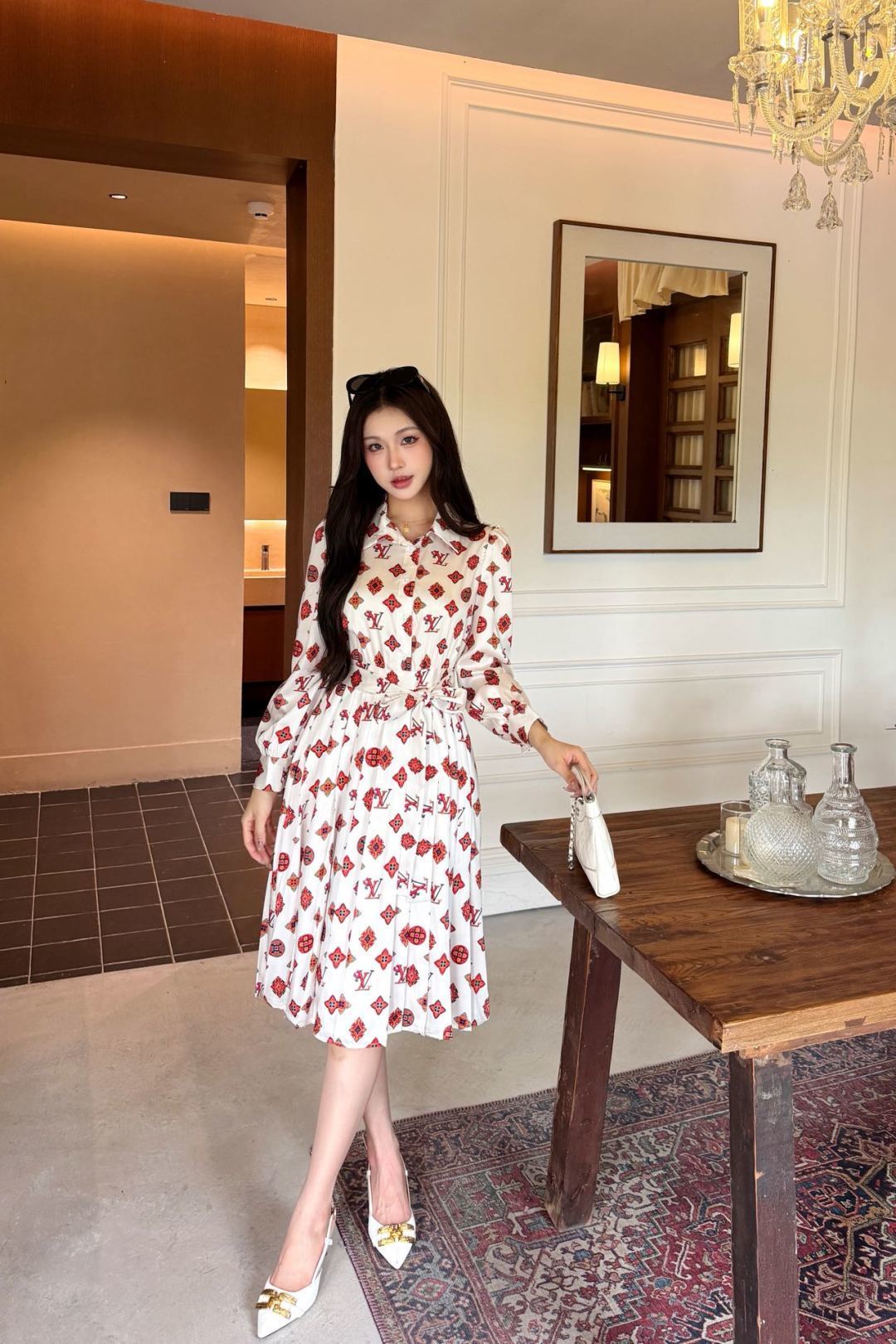 Classic monogram print midi dress with scarf belt, Cailan (Chongqing) International Trading Co., Ltd,Classic monogram print midi dress with scarf belt
