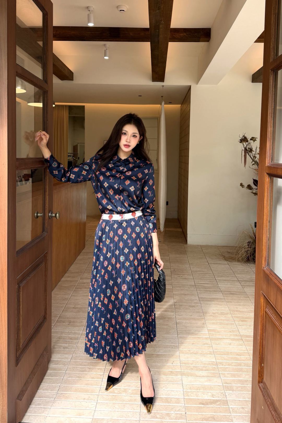 Classic monogram print midi dress with scarf belt, Cailan (Chongqing) International Trading Co., Ltd,Classic monogram print midi dress with scarf belt