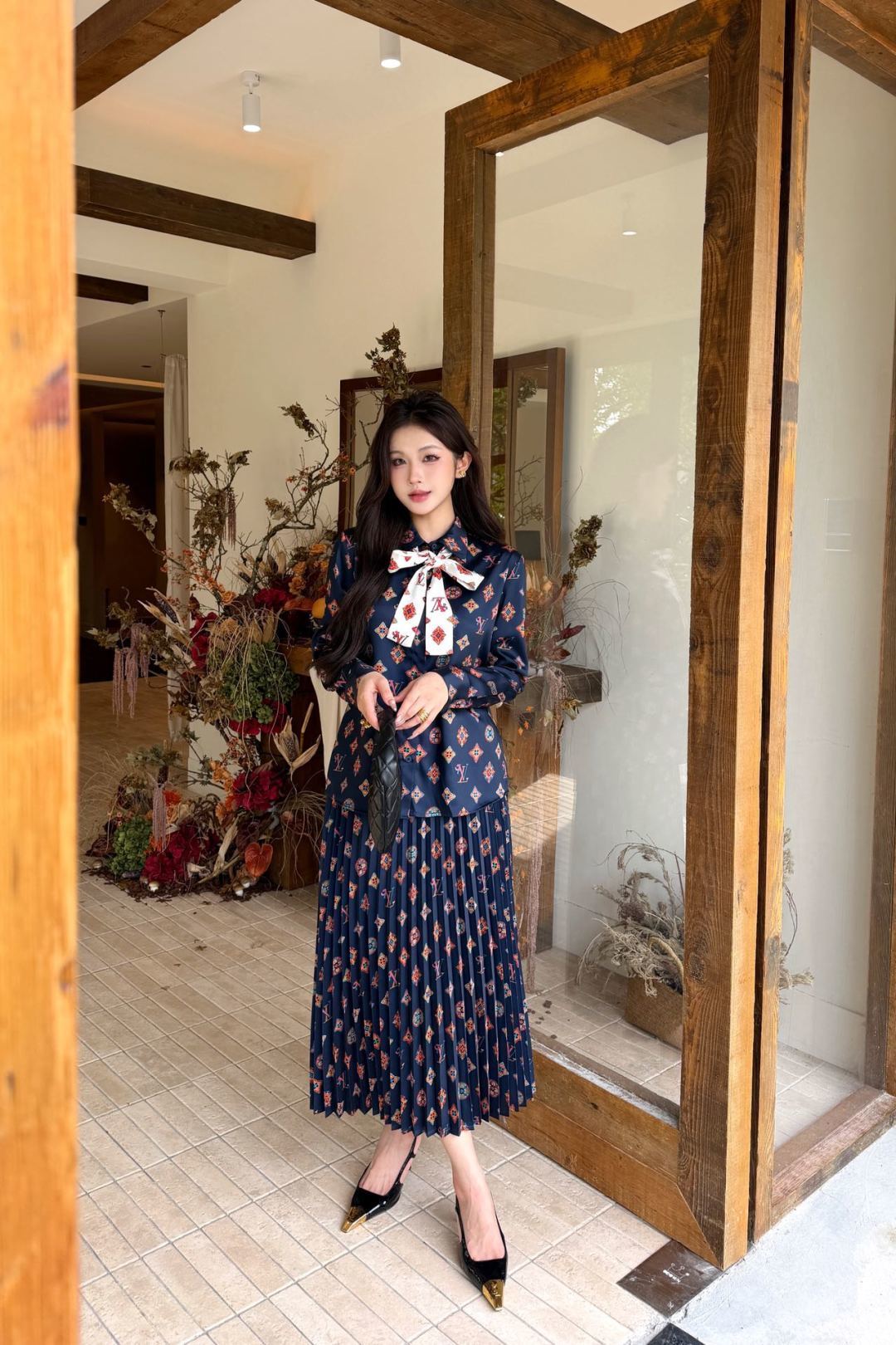 Classic monogram print midi dress with scarf belt, Cailan (Chongqing) International Trading Co., Ltd,Classic monogram print midi dress with scarf belt