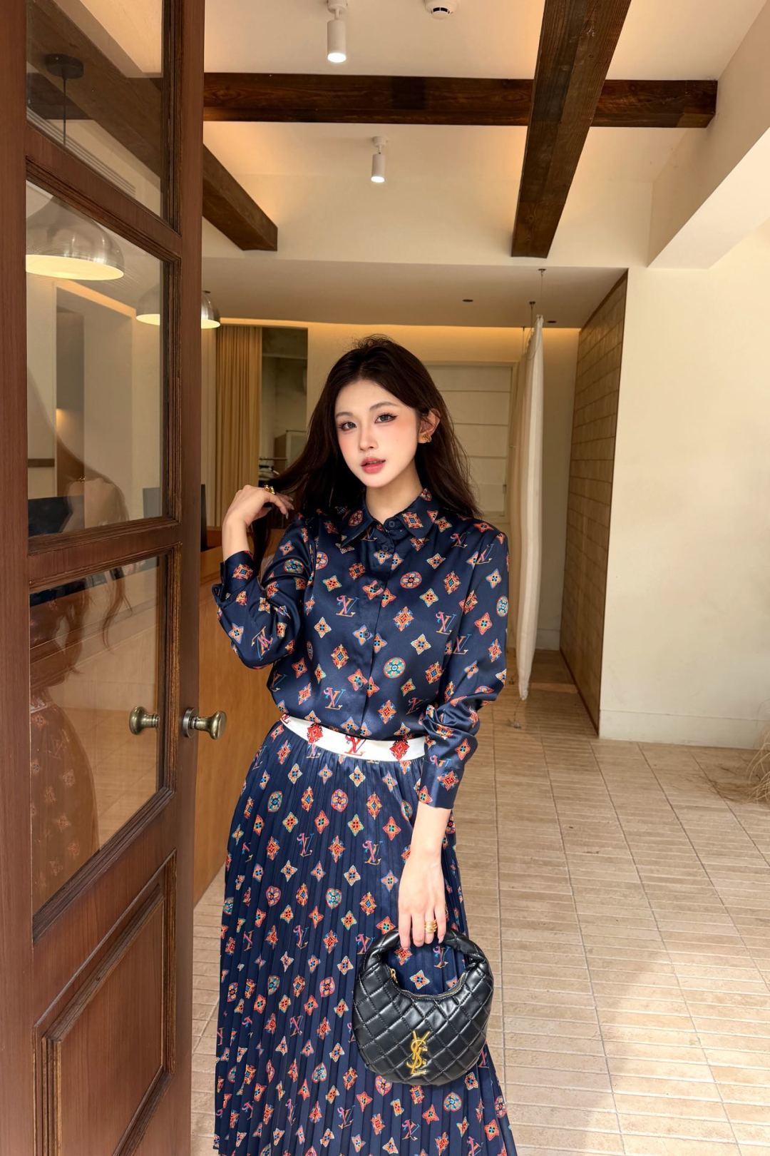Classic monogram print midi dress with scarf belt, Cailan (Chongqing) International Trading Co., Ltd,Classic monogram print midi dress with scarf belt