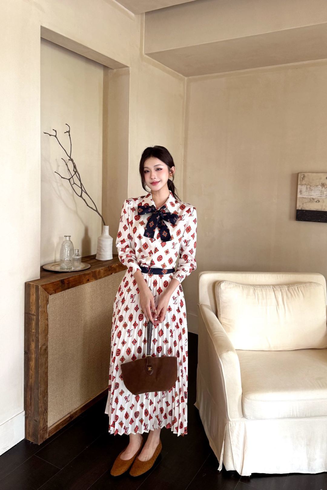 Classic monogram print midi dress with scarf belt, Cailan (Chongqing) International Trading Co., Ltd,Classic monogram print midi dress with scarf belt