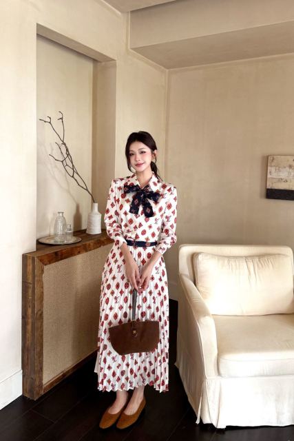 Classic monogram print midi dress with scarf belt, Cailan (Chongqing) International Trading Co., Ltd,Classic monogram print midi dress with scarf belt