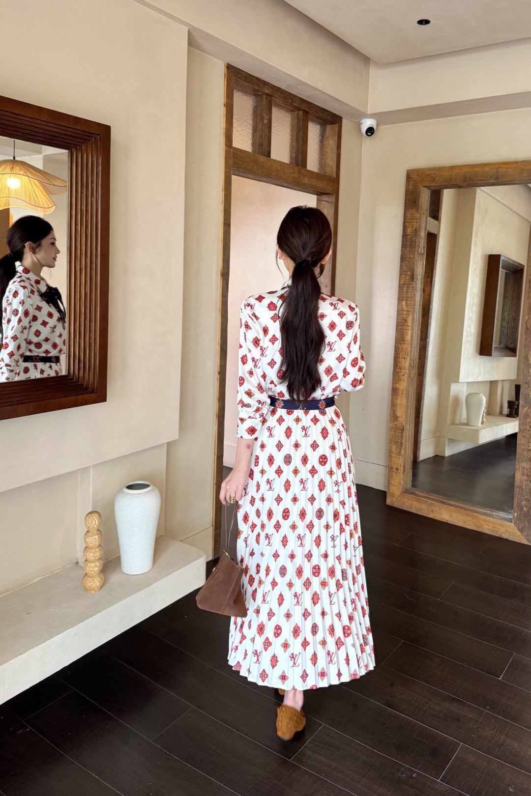 Classic monogram print midi dress with scarf belt, Cailan (Chongqing) International Trading Co., Ltd,Classic monogram print midi dress with scarf belt