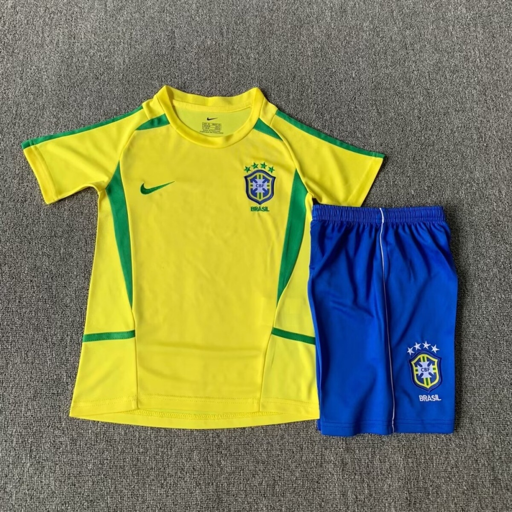 2002 Brazil World Cup Home Retro Kids Kit Jersey+Shorts