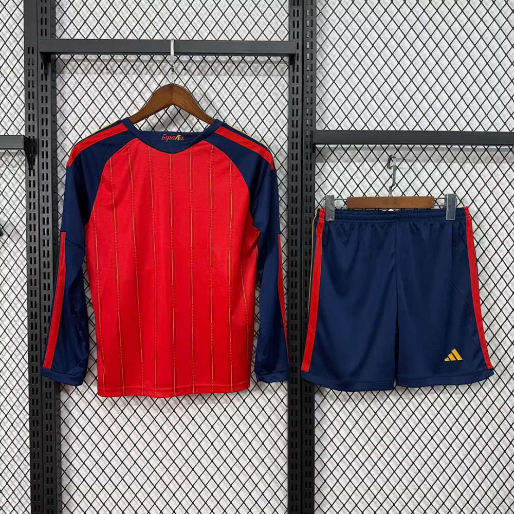 2026 Spain Home World Cup Soccer Kids Kit Long Sleeve Jersey+Shorts