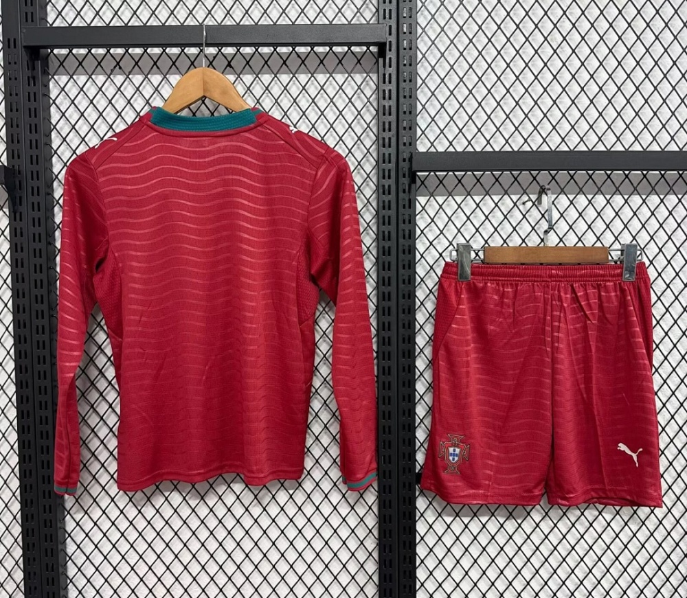 2026 Portugal  Home World Cup Soccer Kids Long Sleeve Kit Jersey+Shorts