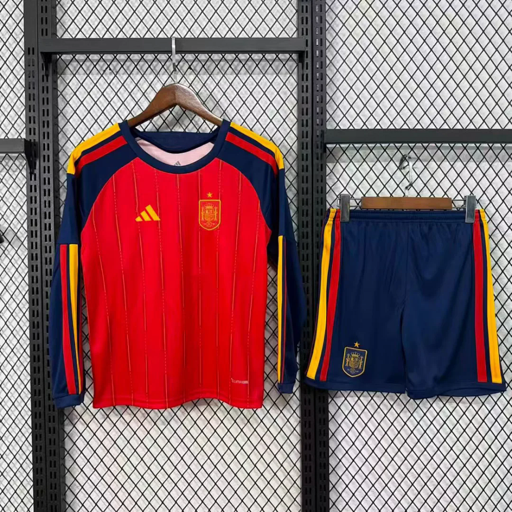 2026 Spain Home World Cup Soccer Kids Kit Long Sleeve Jersey+Shorts