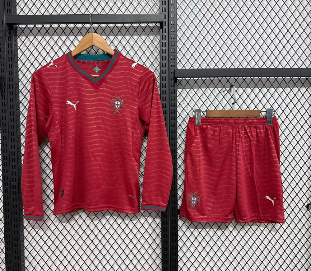 2026 Portugal  Home World Cup Soccer Kids Long Sleeve Kit Jersey+Shorts