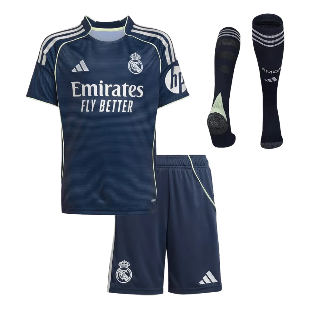 25-26 Real Madrid Away Soccer Kids Full Kit Jersey+Shorts+Socks