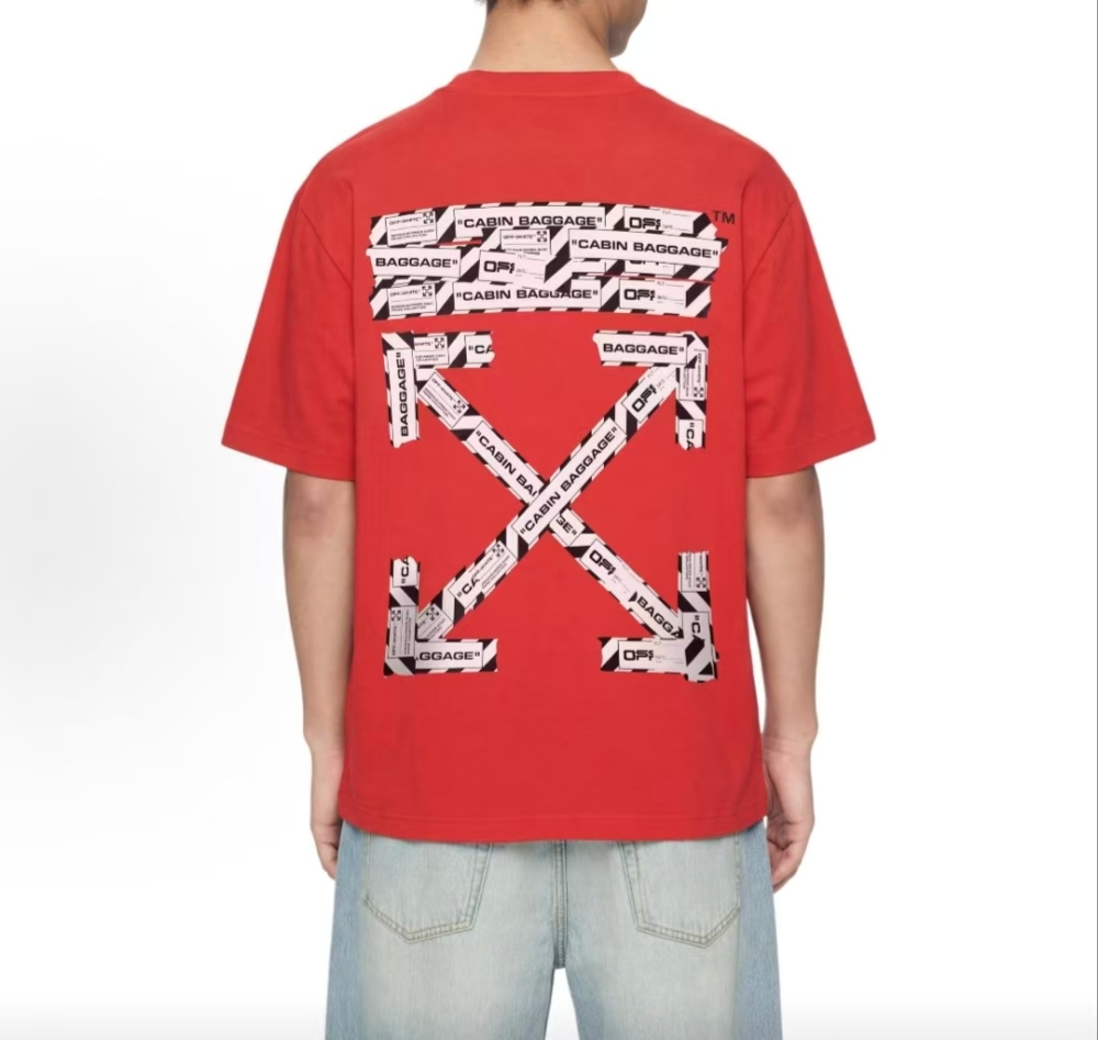 OFF-WHITE Airport Tape Arrow Graphic Tee – Relaxed Fit, Men's, Red