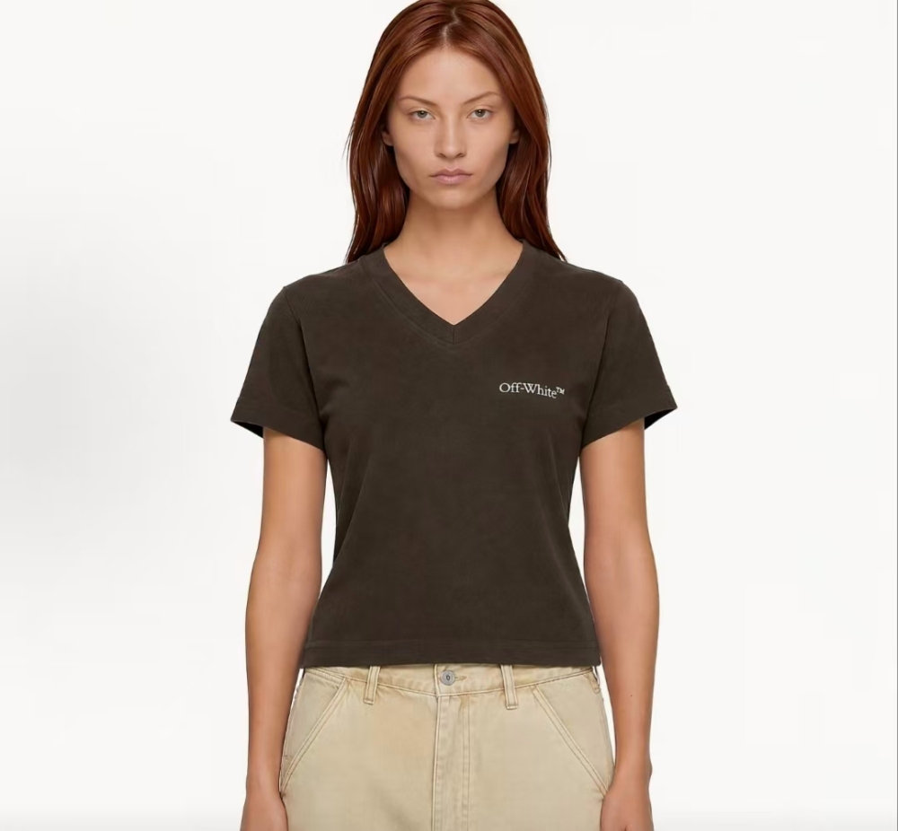 Women's OFF-WHITE SS26 Vintage Streetwear Minimalist Chest Embroidered Logo Tee Coffee