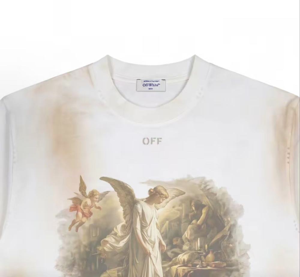 OFF-WHITE Vintage Angel Oil Painting Print Distressed Dirty-Dye Crewneck Tee Unisex