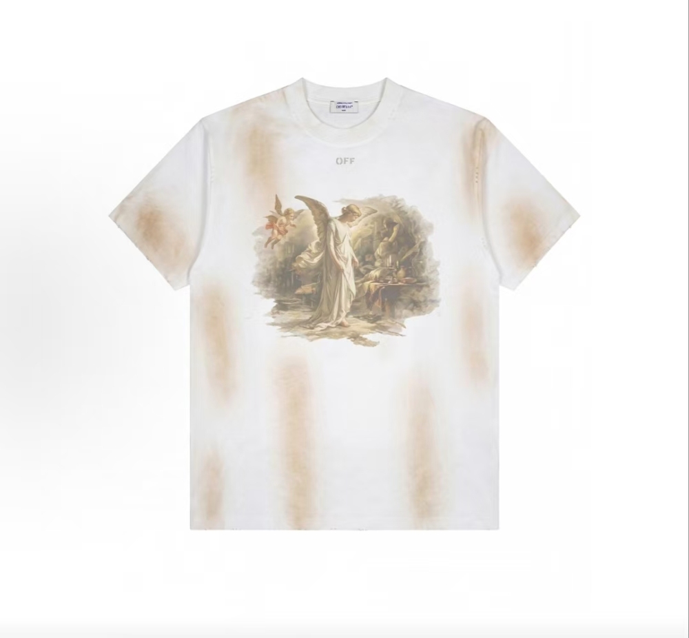 OFF-WHITE Vintage Angel Oil Painting Print Distressed Dirty-Dye Crewneck Tee Unisex