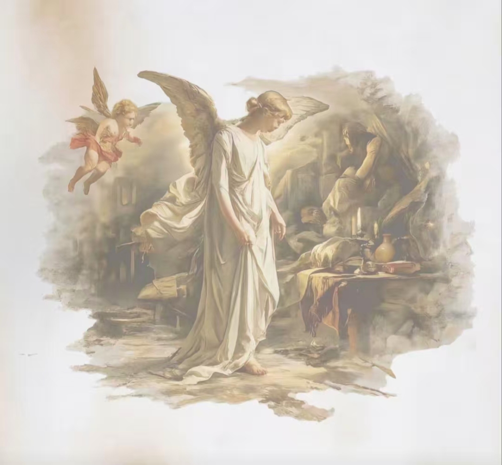 OFF-WHITE Vintage Angel Oil Painting Print Distressed Dirty-Dye Crewneck Tee Unisex