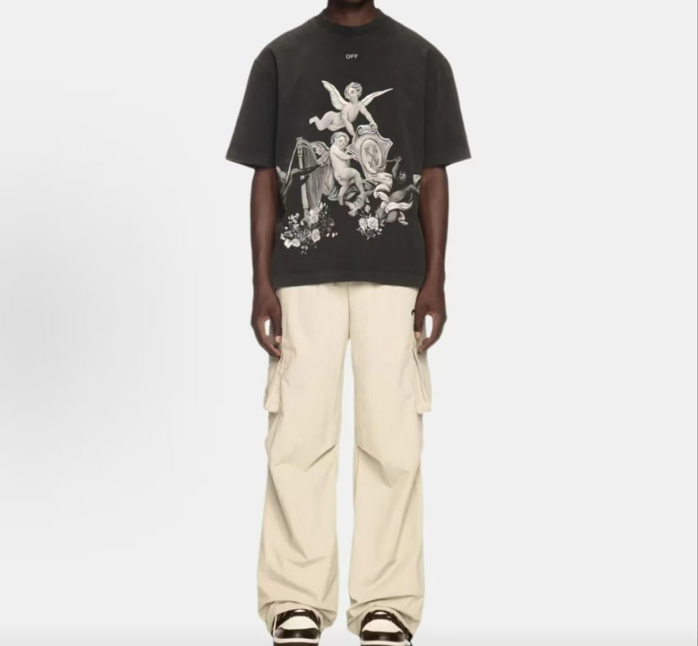 Men's OFF-WHITE Letter Print Crewneck Drop Shoulder Tee Black