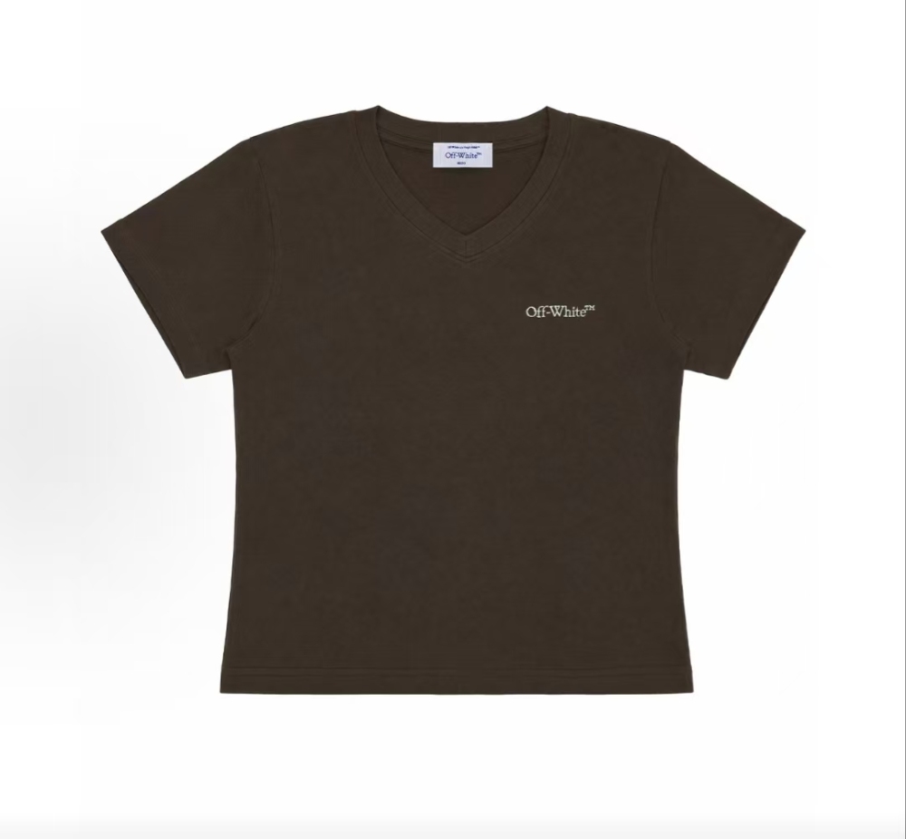 Women's OFF-WHITE SS26 Vintage Streetwear Minimalist Chest Embroidered Logo Tee Coffee