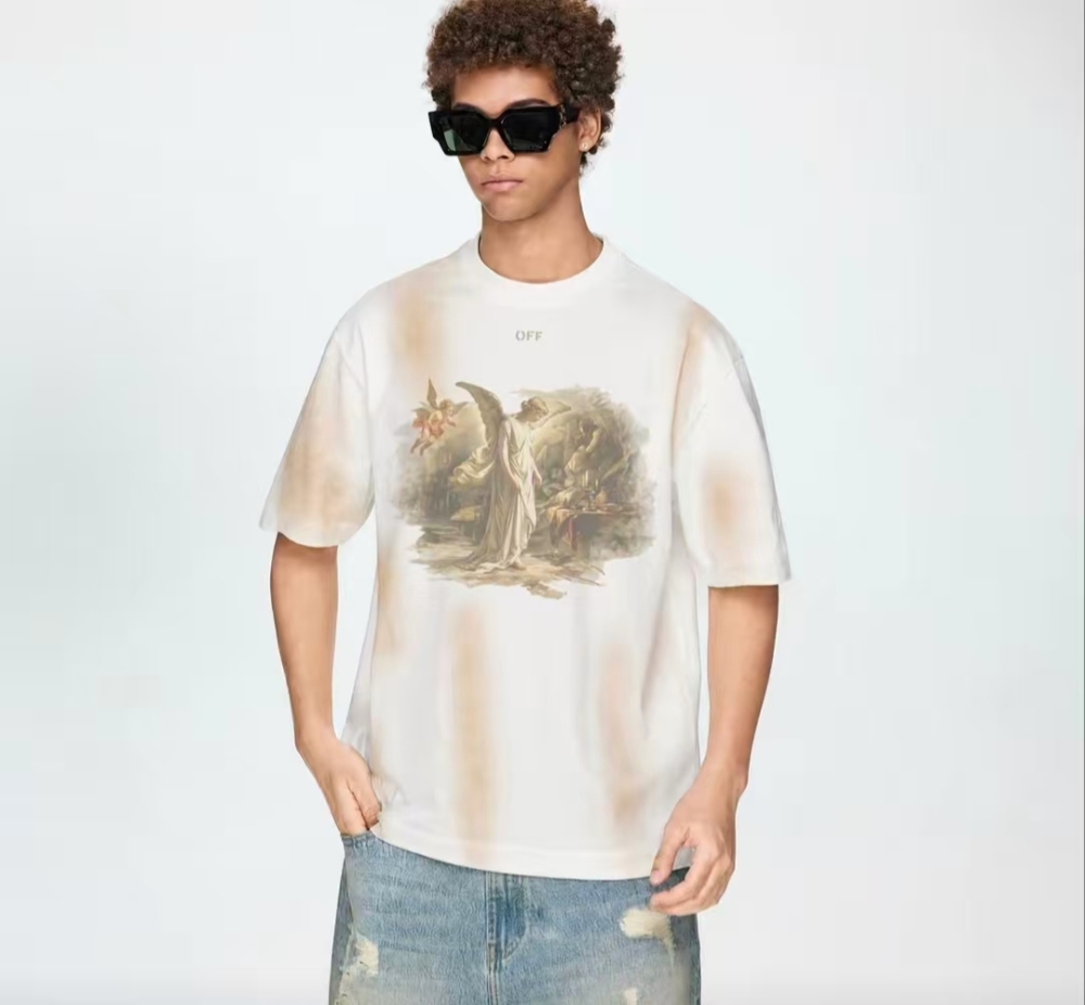 OFF-WHITE Vintage Angel Oil Painting Print Distressed Dirty-Dye Crewneck Tee Unisex